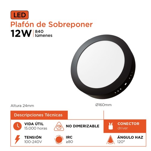 PLAFON LED NEGRO 12W 6500K REDONDO 16CMX3CM BLACK & DECKER