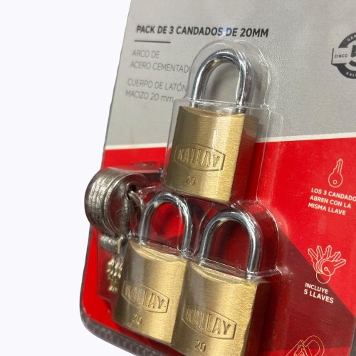 PACK x3 CANDADOS BRONCE KALLAY 20MM 5 LLAVES VIAJE FERREJIDO