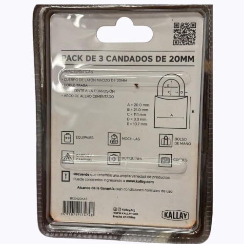 PACK x3 CANDADOS BRONCE KALLAY 20MM 5 LLAVES VIAJE FERREJIDO