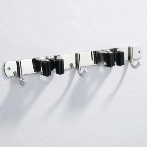 SOPORTE ESCOBA PARED ACERO INOX GANCHOS ORGANIZADOR