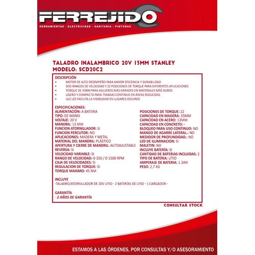 Taladro Inalámbrico 20v Stanley Litio Scd20c2- Ferrejido