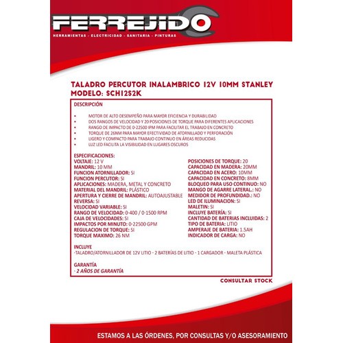 TALADRO PERCUTOR INALAMBRICO 12V STANLEY LITIO SCH12SK