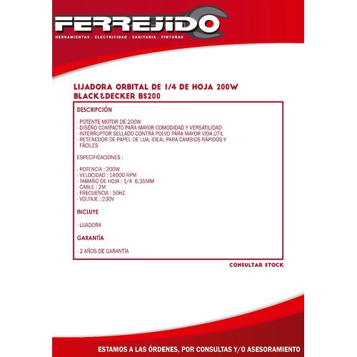 Lijadora Orbital 200w Lija De 1/4 Black&decker- Ferrejido
