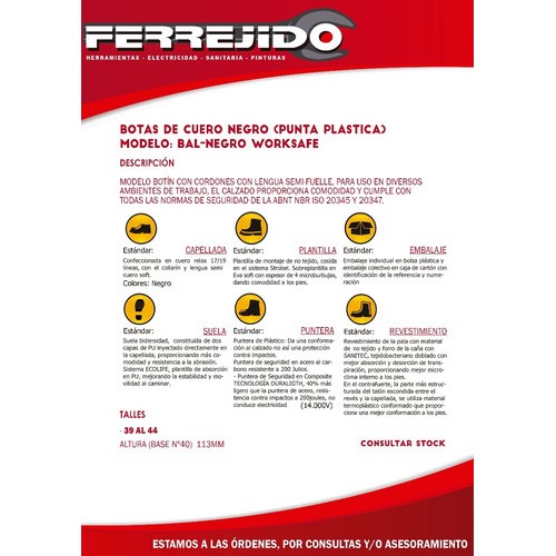 Botas De Trabajo Worksafe Bal Negros Pta/plást