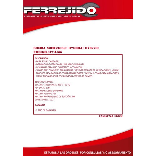 Bomba Sumergible 1hp 7mts Hyundai Hysp750- Ferrejido