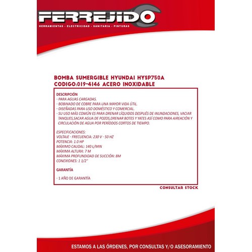 Bomba Sumergible 1hp Acero Inox. Hyundai Hysp750a- Ferrejido