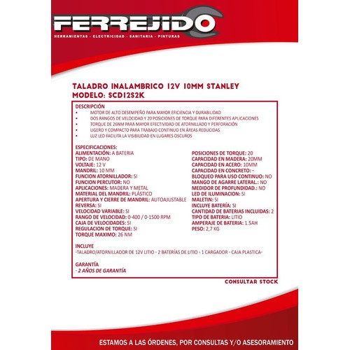 Taladro Inalámbrico 12v Stanley Litio Scd12s2k- Ferrejido