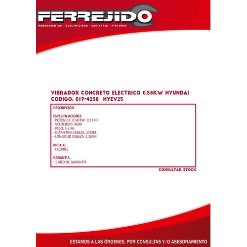 Vibrador Concreto Eléctrico 0,58kw Hyundai Hyev2- Ferrejido