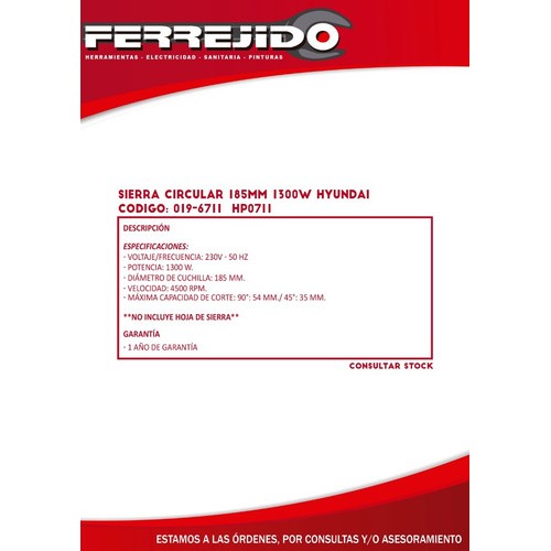 SIERRA CIRCULAR 185MM 1300W HYUNDAI HP0711