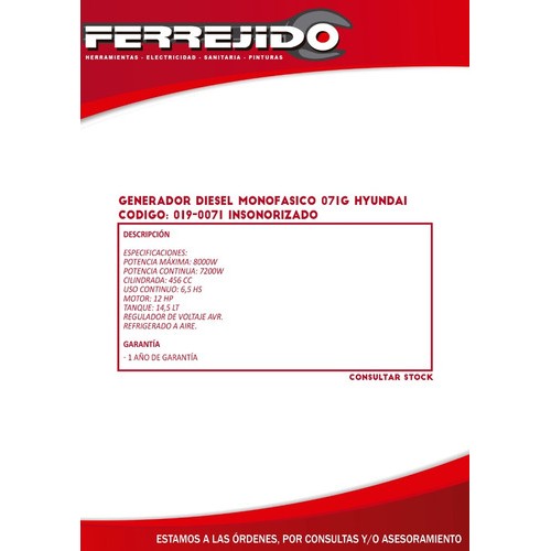 Generador Diesel Monofásico 8000w Hyundai 071g- Ferrejido