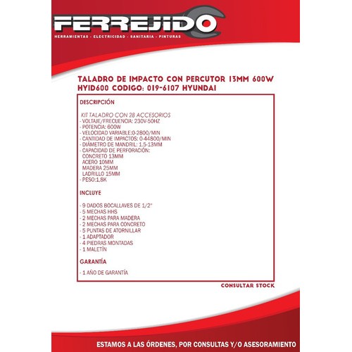 Taladro Percutor 600w 13mm Hyundai Kit C/acces.