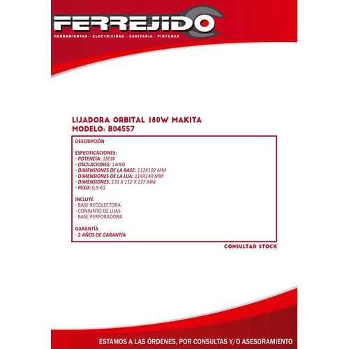 Lijadora Orbital 180w Makita 114x140mm B04557- Ferrejido