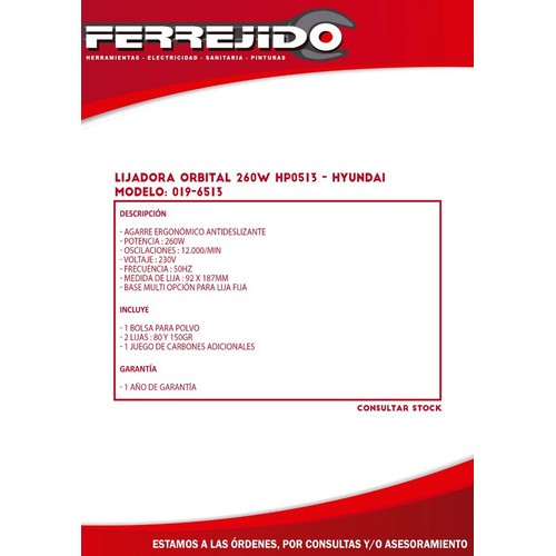 Lijadora Orbital 260w Hyundai Hp0513