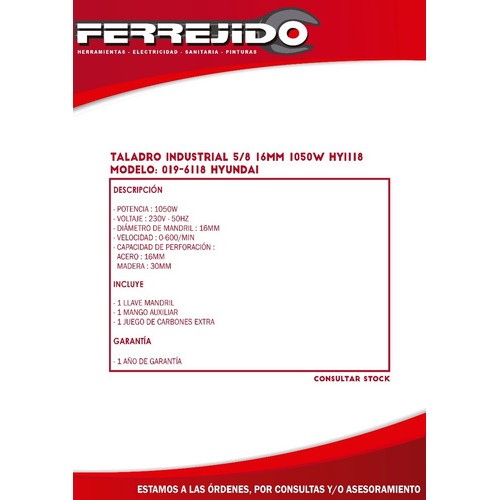 Taladro Industrial 5/8 1050w 16mm Hyi118 Hyundai -ferrejido