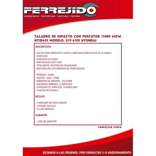 Taladro De Impacto Con Percutor 600w Hyundai- Ferrejido