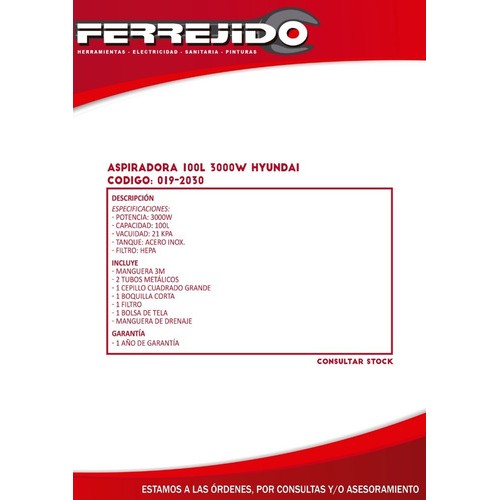 Aspiradora Hyundai 100lt 3000w Hy2030- Ferrejido