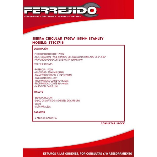 Sierra Circular 1700w 185mm Stanley- Ferrejido