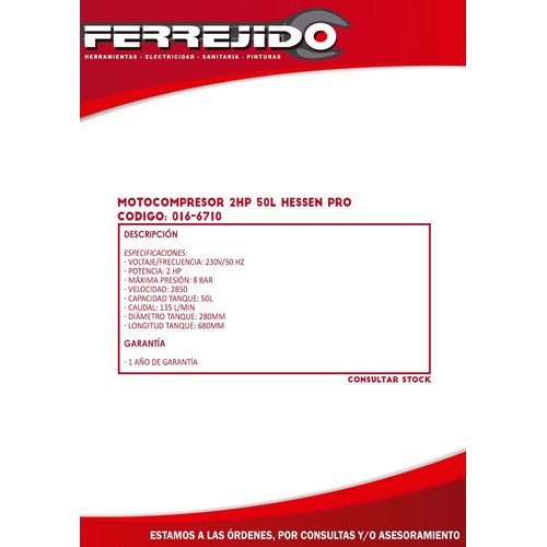 Moto Compresor 2hp 50l Hessen Pro 016-6710