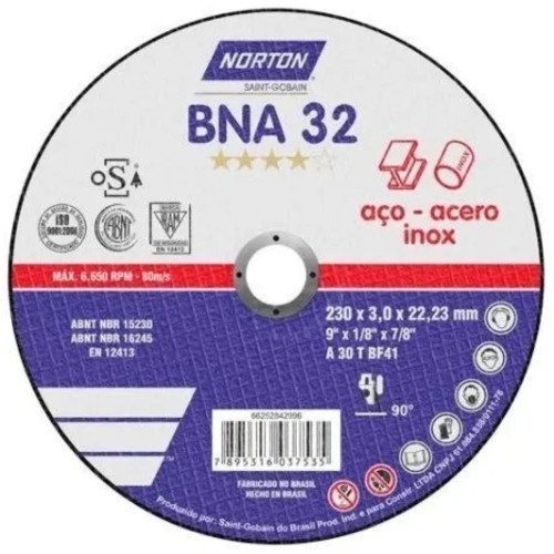 DISCO CORTE 230MM NORTON METAL CHATO  BNA32 230 X 3 x 22MM